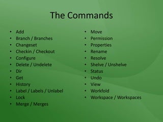 The CommandsAddBranch / BranchesChangesetCheckin / CheckoutConfigureDelete / UndeleteDirGetHistoryLabel / Labels / UnlabelLockMerge / MergesMovePermissionPropertiesRenameResolveShelve / UnshelveStatusUndoViewWorkfoldWorkspace / Workspaces