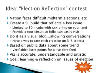 Nation faces difficult midterm elections. etc<br />Create a SL build that reflects a key issue<br />Limited to 10m cube wi...