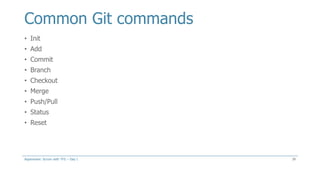 Common Git commands
• Init
• Add
• Commit
• Branch
• Checkout
• Merge
• Push/Pull
• Status
• Reset
Aspenware: Scrum with TFS – Day I 39
 