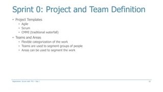 Sprint 0: Project and Team Definition
• Project Templates
• Agile
• Scrum
• CMMI (traditional waterfall)
• Teams and Areas
• Flexible categorization of the work
• Teams are used to segment groups of people
• Areas can be used to segment the work
52Aspenware: Scrum with TFS – Day I
 