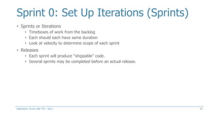 Sprint 0: Set Up Iterations (Sprints)
• Sprints or Iterations
• Timeboxes of work from the backlog
• Each should each have same duration
• Look at velocity to determine scope of each sprint
• Releases
• Each sprint will produce “shippable” code.
• Several sprints may be completed before an actual release.
53Aspenware: Scrum with TFS – Day I
 