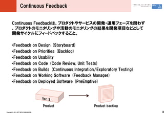 Continuous ?Feedback


         Continuous ?FeedbackϡץȤ䥵`ӥοk?åե`򆖤鷺
         ץȤΥ˥󥰤ӤΥ˥󥰤νY򿪰kĿʤɤȤ
         k˥ե`ɥХå뤳ȡ

         ??Feedback ?on ?Design ?(Storyboard)
         ??Feedback ?on ?Priorities ?(Backlog)
         ??Feedback ?on ?Usability
         ??Feedback ?on ?Code ?(Code ?Review, ?Unit ?Tests)
         ??Feedback ?on ?Builds ?(Continuous ?Integration/Exploratory ?Testing)
         ??Feedback ?on ?Working ?Software ?(Feedback ?Manager)
         ??Feedback ?on ?Deployed ?Software ?(PreEmptive)




                                             Product    Product ?backlog
Copyright ?? ?2011 ?NTT ?DATA ?CORPORATION                                        8
 