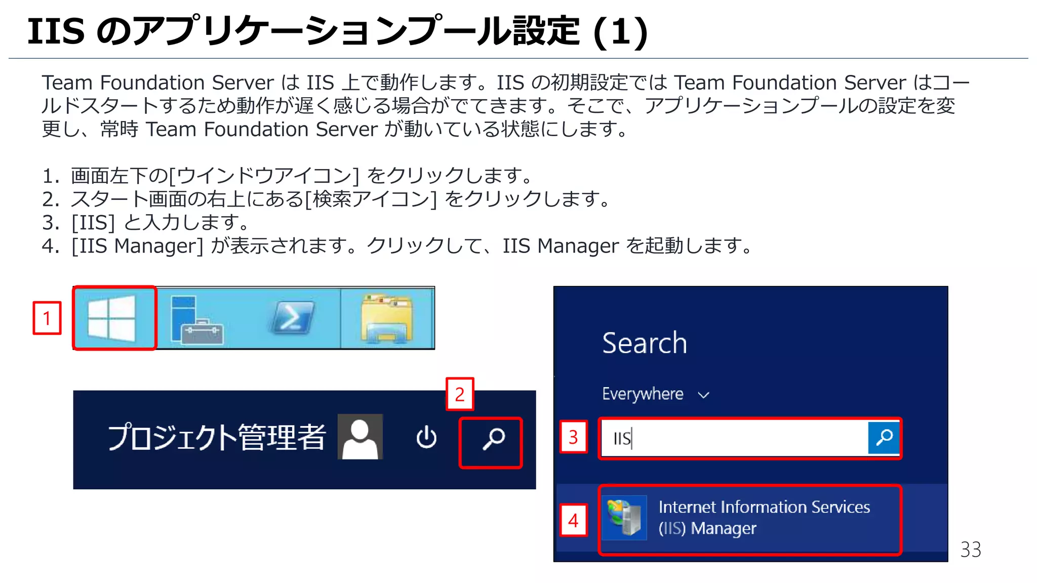 33
Team Foundation Server は IIS 上で動作します。IIS の初期設定では Team Foundation Server はコー
ルドスタートするため動作が遅く感じる場合がでてきます。そこで、アプリケーションプールの設定を変
更し、常時 Team Foundation Server が動いている状態にします。
1. 画面左下の[ウインドウアイコン] をクリックします。
2. スタート画面の右上にある[検索アイコン] をクリックします。
3. [IIS] と入力します。
4. [IIS Manager] が表示されます。クリックして、IIS Manager を起動します。
IIS のアプリケーションプール設定 (1)
1
2
3
4
 