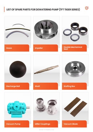 Hoses Impeller
LIST OF SPARE PARTSFORDEWATERING PUMP (TFT TIGERSERIES)
Discharge Ball Shaft Stuffing Box
Double Mechanical
Seal
Miller Couplings
Vacuum Pump Vacuum Blade
WWW.TFTPUMPS.COM
 