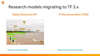 Research models migrating to TF 2.x
Object Detection API
TF Blog: TF 2 meets the OD API
TF Recommenders (TFRS)
TF Blog: Introducing TF Recommenders
 