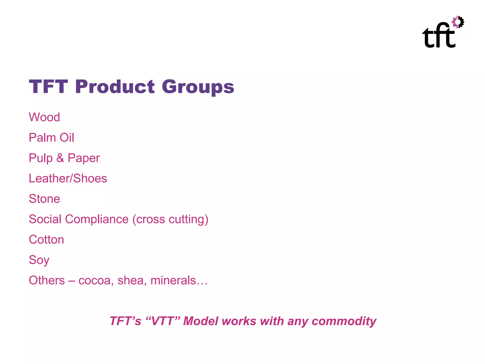 TFT Product Groups
Wood
Palm Oil
Pulp & Paper
Leather/Shoes
Stone
Social Compliance (cross cutting)
Cotton
Soy
Others – cocoa, shea, minerals…


                TFT’s “VTT” Model works with any commodity
 