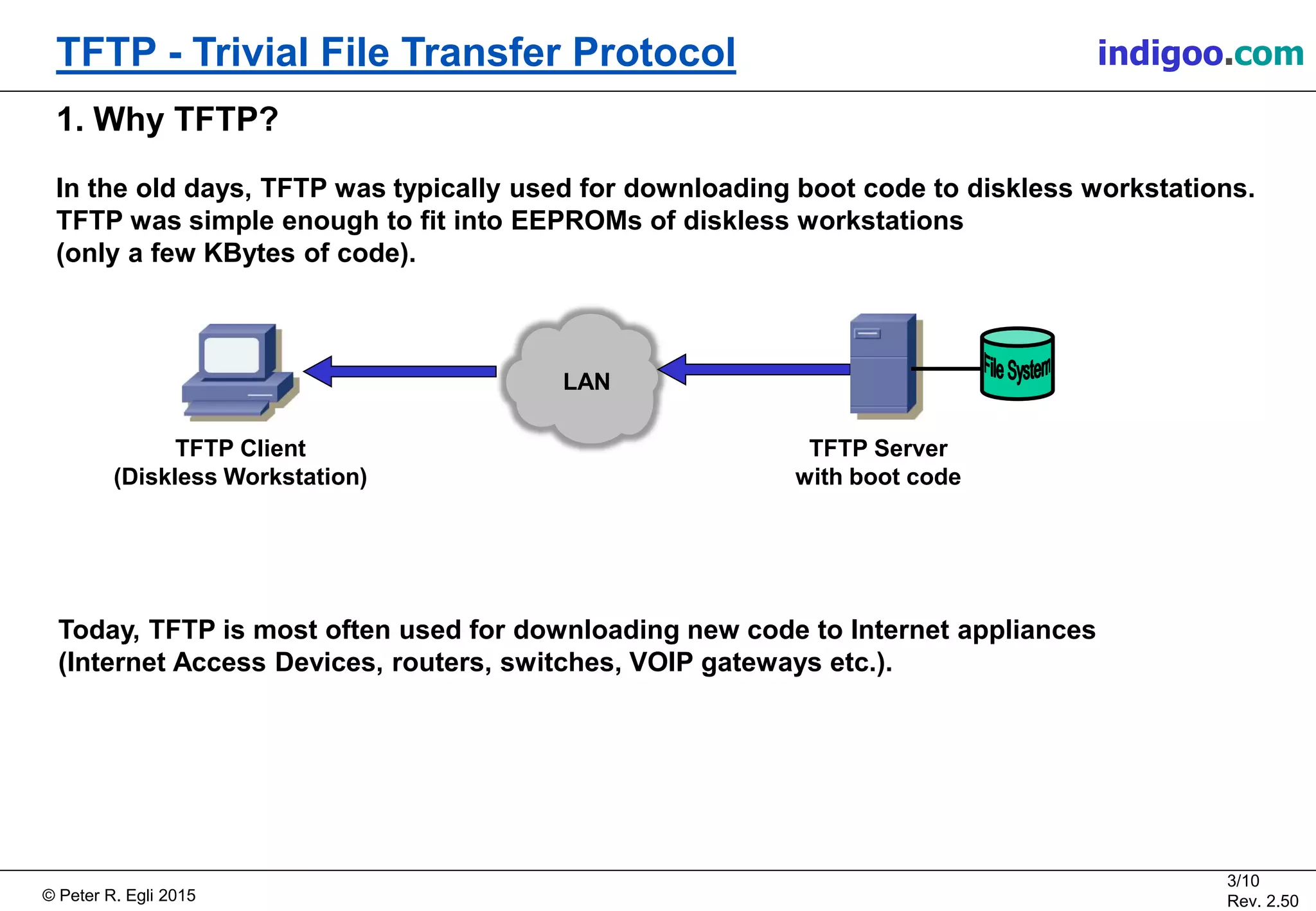 © Peter R. Egli 2015
3/10
Rev. 2.50
TFTP - Trivial File Transfer Protocol indigoo.com
1. Why TFTP?
In the old days, TFTP was typically used for downloading boot code to diskless workstations.
TFTP was simple enough to fit into EEPROMs of diskless workstations
(only a few KBytes of code).
LAN
TFTP Client
(Diskless Workstation)
TFTP Server
with boot code
Today, TFTP is most often used for downloading new code to Internet appliances
(Internet Access Devices, routers, switches, VOIP gateways etc.).
 