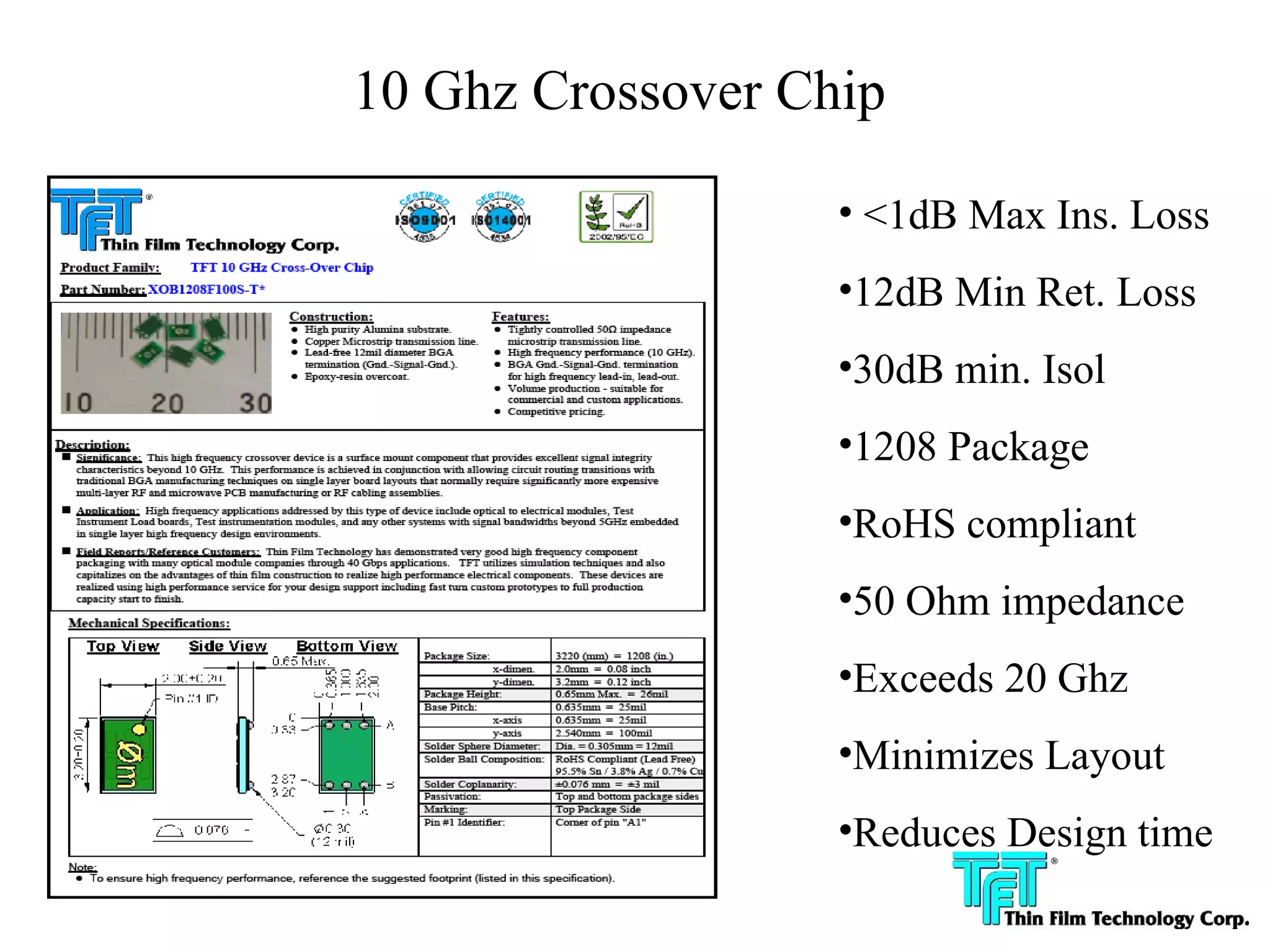10 Ghz Crossover Chip

                                  • <1dB Max Ins. Loss
                                  •12dB Min Ret. Loss
                                  •30dB min. Isol
                                  •1208 Package
                                  •RoHS compliant
                                  •50 Ohm impedance
                                  •Exceeds 20 Ghz
                                  •Minimizes Layout
                                  •Reduces Design time

Confidential
 