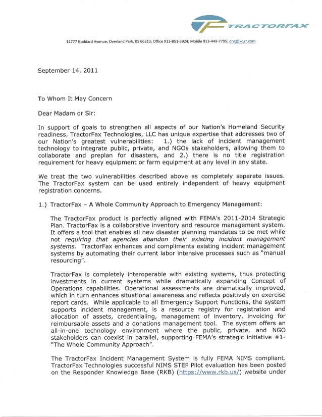 national preparedness system component to whom it may concern letter letter of concerns