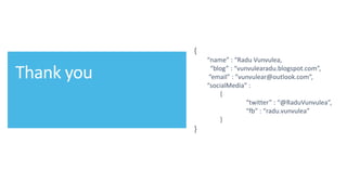 @ITCAMPRO #ITCAMP16Community Conference for IT Professionals
{
“name” : “Radu Vunvulea,
“blog” : “vunvulearadu.blogspot.com”,
“email” : ”vunvulear@outlook.com”,
“socialMedia” :
{
“twitter” : “@RaduVunvulea”,
“fb” : “radu.vunvulea”
}
}
 
