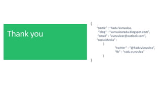 @ITCAMPRO #ITCAMP16Community Conference for IT Professionals
{
“name” : “Radu Vunvulea,
“blog” : “vunvulearadu.blogspot.com”,
“email” : ”vunvulear@outlook.com”,
“socialMedia” :
{
“twitter” : “@RaduVunvulea”,
“fb” : “radu.vunvulea”
}
}
 