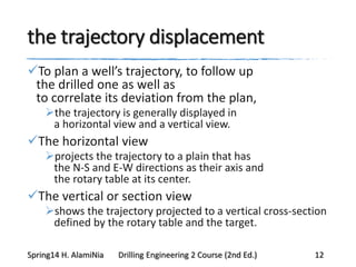 the trajectory displacement
To plan a well’s trajectory, to follow up
the drilled one as well as
to correlate its deviation from the plan,
the trajectory is generally displayed in
a horizontal view and a vertical view.
The horizontal view
projects the trajectory to a plain that has
the N-S and E-W directions as their axis and
the rotary table at its center.
The vertical or section view
shows the trajectory projected to a vertical cross-section
defined by the rotary table and the target.
Spring14 H. AlamiNia Drilling Engineering 2 Course (2nd Ed.) 12
 