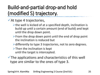 Build-and-partial drop-and hold
(modified S) trajectory.
At type 4 trajectories,
the well is kicked of at a specified depth, inclination is
build up until a certain amount (end of build) and kept
until the drop down point.
From the drop down point until the end of drop point
the inclination is reduced but
differently to type 3 trajectories, not to zero degrees.
Then the inclination is kept
until the target is intercepted.
The applications and characteristics of this well
type are similar to the ones of type 3.
Spring14 H. AlamiNia Drilling Engineering 2 Course (2nd Ed.) 25
 