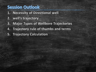 1. Necessity of Directional well
2. well’s trajectory
3. Major Types of Wellbore Trajectories
4. Trajectory rule of thumbs and terms
5. Trajectory Calculation
 