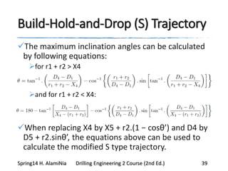 Build-Hold-and-Drop (S) Trajectory
The maximum inclination angles can be calculated
by following equations:
for r1 + r2 > X4
and for r1 + r2 < X4:
When replacing X4 by X5 + r2.(1 − cosθ’) and D4 by
D5 + r2.sinθ’, the equations above can be used to
calculate the modified S type trajectory.
Spring14 H. AlamiNia Drilling Engineering 2 Course (2nd Ed.) 39
 