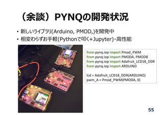 （余談）PYNQの開発状況
• 新しいライブラリ(Arduino, PMOD,)を開発中
• 相変わらずお⼿軽(Pythonで叩く+Jupyter)・⾼性能
55
from pynq.iop import Pmod_PWM
from pynq.iop import PMODA, PMODB
from pynq.iop import Adafruit_LCD18_DDR
from pynq.iop import ARDUINO
lcd = Adafruit_LCD18_DDR(ARDUINO)
pwm_A = Pmod_PWM(PMODA, 0)
 