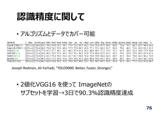 認識精度に関して
• アルゴリズムとデータでカバー可能
• 2値化VGG16 を使って ImageNetの
サブセットを学習→3⽇で90.3%認識精度達成
76
Joseph Redmon, Ali Farhadi, “YOLO9000: Better, Faster, Stronger,”
 