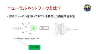 ニューラルネットワークとは？
• 形式ニューロンを用いてモデルを構築した機械学習手法
𝑥1
𝑥2
𝑥3
入力 出力 y
𝑤3
𝑏
𝑤2
活性化関数
𝑤1
𝑦 = 𝑓(𝑤1 𝑥1 + 𝑤2 𝑥2 + 𝑤3 𝑥3 + 𝑏)
 