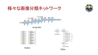 様々な画像分類ネットワーク
GoogLeNet
ResNet
SENet
 