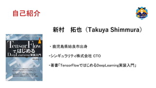 自己紹介
新村 拓也（Takuya Shimmura）
・鹿児島県姶良市出身
・シンギュラリティ株式会社 CTO
・著書「TensorFlowではじめるDeepLearning実装入門」
 