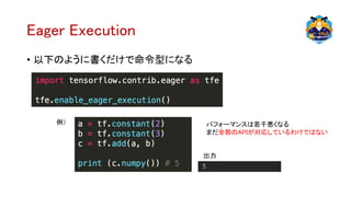 Eager Execution
• 以下のように書くだけで命令型になる
パフォーマンスは若干悪くなる
まだ全部のAPIが対応しているわけではない
例）
5
出力
 