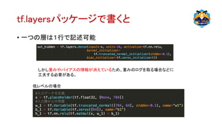 tf.layersパッケージで書くと
• 一つの層は１行で記述可能
しかし重みやバイアスの情報が消えているため、重みのログを取る場合などに
工夫する必要がある。
低レベルの場合
 