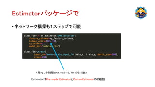 Estimatorパッケージで
• ネットワーク構築も１ステップで可能
４層で、中間層のユニット10, 10, クラス数3
EstimatorはPre-made EstimatorとCustomEstimatorの２種類
 