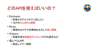 どのAPIを使えばいいの？
• Estimator
• 簡単なモデルですぐに試したい
• GCPのCloudMLと連携
• Keras
• 標準的なログや成果物を出力して楽に開発
• tf.layers
• 訓練自体の制御を行いたい（ログの選定など）
• 低レベルAPI
• 独自レイヤー開発
 