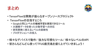 まとめ
• TensorFlowは開発が盛んなオープンソースプロジェクト
• TensorFlowの目指すところ
• Googleと同じレベルの機械学習を実現できるツール
• 大規模データを使った分散学習への対応
• 研究開発に使えるレベルの柔軟性
• プロダクションへの投入
• 様々なデバイスで動作/ 強力な可視化ツール/ 様々なレベルのAPI
• 皆さんもどんどん使ってTFUG鹿児島を盛り上げていきましょう！
 
