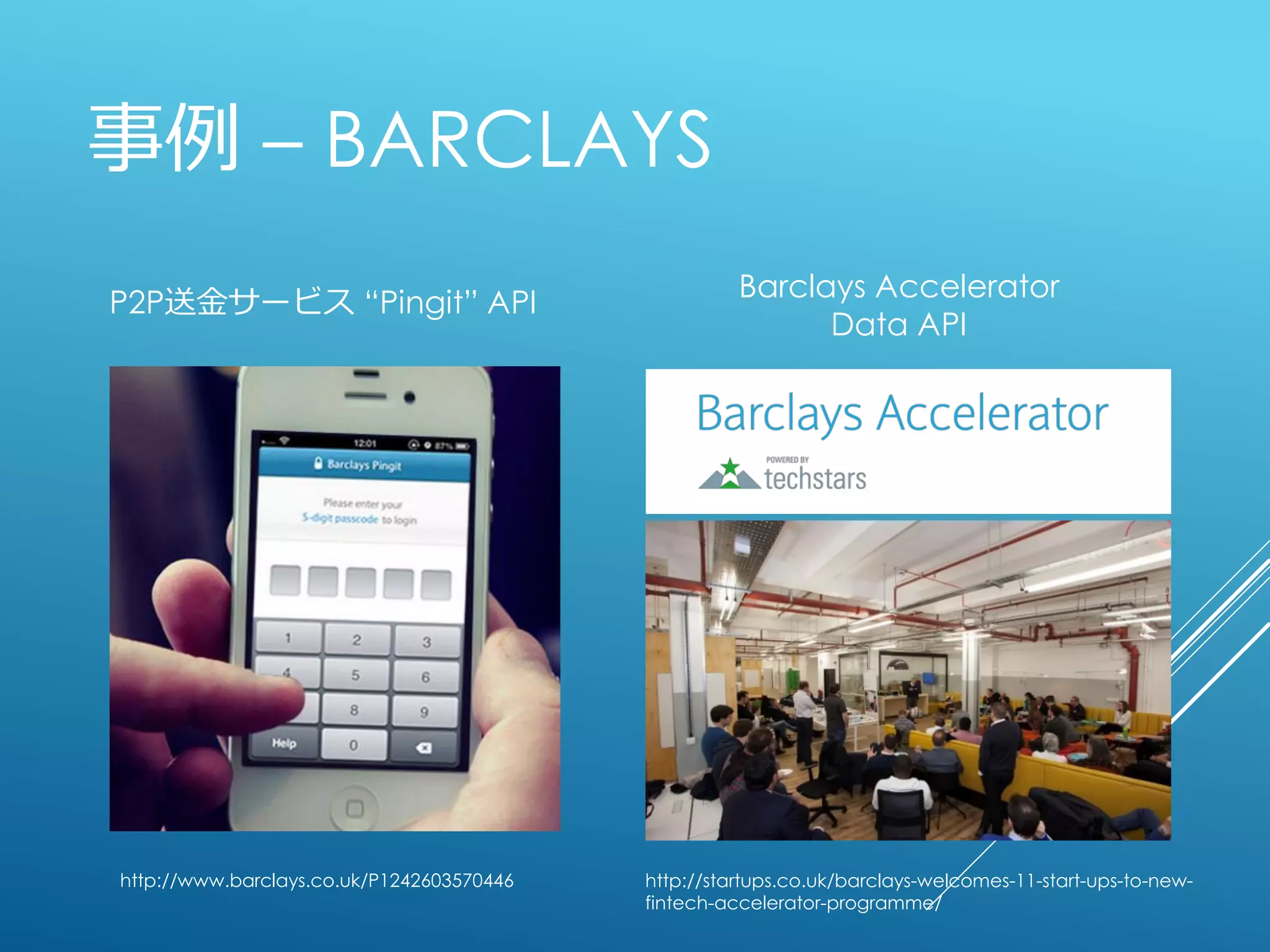 事例 – BARCLAYS
P2P送金サービス “Pingit” API
Barclays Accelerator
Data API
http://www.barclays.co.uk/P1242603570446 http://startups.co.uk/barclays-welcomes-11-start-ups-to-new-
fintech-accelerator-programme/
 