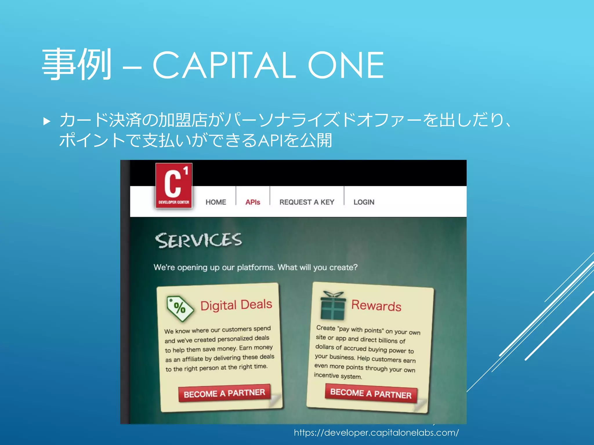 事例 – CAPITAL ONE
カード決済の加盟店がパーソナライズドオファーを出しだり、
ポイントで支払いができるAPIを公開
https://developer.capitalonelabs.com/
 