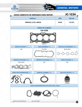 Nuevo
                                                               Desarr        GENERAL MOTORS
                                                                      ollo


  JUEGO COMPLETO DE EMPAQUES PARA MOTOR                                                JC-1234
                               MODELO                                        ANO               MOTOR

                         PONTIAC L4 CIL. MATIZ                               04-05             1.0 LTS.



                                             JUNTA DE CABEZA
                                                      CA-1234




                                                       GRAFITO

    JUNTA DE CARTER / CJ                       TAPA PUNTERÍAS / PS            MÚLTIPLE DE ADMISIÓN / MU

               N/D                                     PS-31234                      MU-41234-A




  MÚLTIPLE DE ESCAPE / MU                  MÚLTIPLE DE PLENUM / MU               TUBO DE ESCAPE / ES

          MU-41234-E                                     N/D                             N/D




JUNTA TAPA DISTRIBUCIÓN / DJ                RETÉN DE CIGUENAL / RE              SELLO DE VÁLVULA / SV

               N/D                                       N/D                             N/D




                                                                                       8 PIEZAS

                               JUNTAS COMPLEMENTARIAS INCLUÍDAS EN EL JUEGO




   NO SE VENDE POR SEPARADO      N/D= NO DISPONIBLE
                                                                                                          93
 
