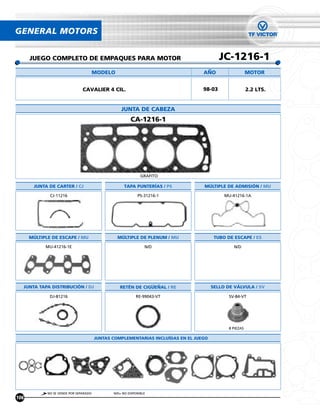 GENERAL MOTORS


      JUEGO COMPLETO DE EMPAQUES PARA MOTOR                                               JC-1216-1
                                        MODELO                                    ANO                    MOTOR


                                CAVALIER 4 CIL.                                   98-03                  2.2 LTS.


                                                   JUNTA DE CABEZA
                                                        CA-1216-1




                                                              GRAFITO

       JUNTA DE CARTER / CJ                          TAPA PUNTERÍAS / PS          MÚLTIPLE DE ADMISIÓN / MU

              CJ-11216                                      PS-31216-1                      MU-41216-1A




      MÚLTIPLE DE ESCAPE / MU                    MÚLTIPLE DE PLENUM / MU                TUBO DE ESCAPE / ES

            MU-41216-1E                                         N/D                             N/D




  JUNTA TAPA DISTRIBUCIÓN / DJ                    RETÉN DE CIGUENAL / RE               SELLO DE VÁLVULA / SV

              DJ-81216                                     RE-99043-VT                        SV-84-VT




                                                                                              8 PIEZAS

                                        JUNTAS COMPLEMENTARIAS INCLUÍDAS EN EL JUEGO




             NO SE VENDE POR SEPARADO          N/D= NO DISPONIBLE
106
 