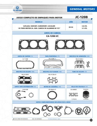 GENERAL MOTORS


   JUEGO COMPLETO DE EMPAQUES PARA MOTOR                                                        JC-1208
                                MODELO                                                 ANO                  MOTOR

               CUTLASS, CENTURY, EUROSPORT, CAVALIER                                                        2.8 LTS.
                                                                                       89-94
       V6 TODO MOTOR 2A. GEN. CABEZA DE ALUMINIO M 172"                                                     3.1 LTS.


                                                 JUNTA DE CABEZA
                                                     CA-1208-VC




     JUNTA DE CARTER / CJ                          TAPA PUNTERÍAS / PS                 MÚLTIPLE DE ADMISIÓN / MU

              CJ-11208                                   PS-31208 (1)                            MU-41208-A




                                                 PS-31208-1 1a GENERACIÓN
                                                 (Su venta es de forma individual)

   MÚLTIPLE DE ESCAPE / MU                      MÚLTIPLE DE PLENUM / MU                    TUBO DE ESCAPE / ES

            MU-41208-E                                   MU-41206-AI                                  N/D




JUNTA TAPA DISTRIBUCIÓN / DJ                    RETÉN DE CIGUENAL / RE                   SELLO DE VÁLVULA / SV

              DJ-81208                                   RE-99043-VT                    VA-668001             SV-64-SL




                                                                                          12 PIEZAS           12 PIEZAS

                                 JUNTAS COMPLEMENTARIAS INCLUÍDAS EN EL JUEGO




NO SE VENDE POR SEPARADO   N/D= NO DISPONIBLE           (1) Venta Individual 1 pieza
                                                                                                                          115
 