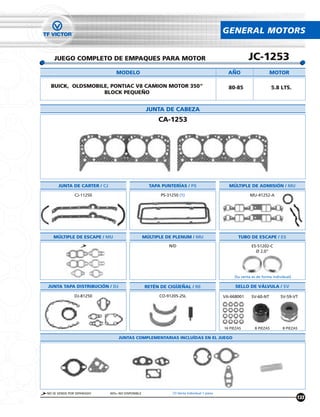 GENERAL MOTORS


   JUEGO COMPLETO DE EMPAQUES PARA MOTOR                                                                  JC-1253
                                MODELO                                                         ANO                    MOTOR

  BUICK, OLDSMOBILE, PONTIAC V8 CAMION MOTOR 350"                                              80-85                    5.8 LTS.
                  BLOCK PEQUEÑO


                                                   JUNTA DE CABEZA
                                                        CA-1253




      JUNTA DE CARTER / CJ                          TAPA PUNTERÍAS / PS                        MÚLTIPLE DE ADMISIÓN / MU

               CJ-11250                                  PS-31250 (1)                                      MU-41252-A




   MÚLTIPLE DE ESCAPE / MU                        MÚLTIPLE DE PLENUM / MU                           TUBO DE ESCAPE / ES
                                                             N/D                                           ES-51202-C
                                                                                                             Ø 2.0"




                                                                                                  (Su venta es de forma individual)

JUNTA TAPA DISTRIBUCIÓN / DJ                      RETÉN DE CIGUENAL / RE                           SELLO DE VÁLVULA / SV

              DJ-81250                                  CO-91205-2SL                         VA-668001     SV-60-NT         SV-59-VT




                                                                                             16 PIEZAS       8 PIEZAS         8 PIEZAS

                                 JUNTAS COMPLEMENTARIAS INCLUÍDAS EN EL JUEGO




NO SE VENDE POR SEPARADO     N/D= NO DISPONIBLE               (1) Venta Individual 1 pieza
                                                                                                                                      133
 