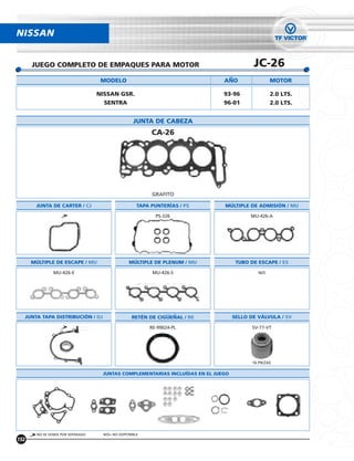 NISSAN


        JUEGO COMPLETO DE EMPAQUES PARA MOTOR                                               JC-26
                                      MODELO                                    ANO                 MOTOR

                                     NISSAN GSR.                                93-96               2.0 LTS.
                                       SENTRA                                   96-01               2.0 LTS.


                                                     JUNTA DE CABEZA
                                                            CA-26




                                                            GRAFITO

          JUNTA DE CARTER / CJ                         TAPA PUNTERÍAS / PS      MÚLTIPLE DE ADMISIÓN / MU

                                                             PS-326                        MU-426-A




        MÚLTIPLE DE ESCAPE / MU                    MÚLTIPLE DE PLENUM / MU            TUBO DE ESCAPE / ES

                  MU-426-E                                  MU-426-S                          N/D




      JUNTA TAPA DISTRIBUCIÓN / DJ                  RETÉN DE CIGUENAL / RE           SELLO DE VÁLVULA / SV

                                                           RE-99024-PL                      SV-77-VT




                                                                                            16 PIEZAS

                                      JUNTAS COMPLEMENTARIAS INCLUÍDAS EN EL JUEGO




          NO SE VENDE POR SEPARADO    N/D= NO DISPONIBLE
152
 