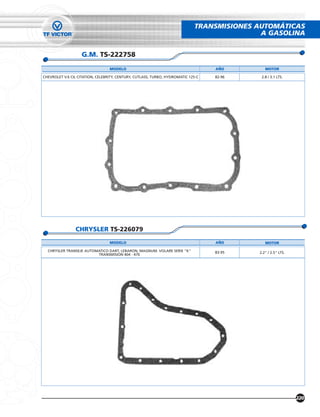 TRANSMISIONES AUTOMÁTICAS
                                                                                            A GASOLINA


                   G.M. TS-222758
                                  MODELO                                           AÑO        MOTOR

CHEVROLET V.6 CIL CITATION, CELEBRITY, CENTURY, CUTLASS, TURBO, HYDROMATIC 125-C   82-96    2.8 / 3.1 LTS.




                CHRYSLER TS-226079
                                  MODELO                                           AÑO        MOTOR

  CHRYSLER TRANSEJE AUTOMATICO DART, LEBARON, MAGNUM. VOLARE SERIE "K"             83-95   2.2" / 2.5" LTS.
                         TRANSMISION 404 - 470




                                                                                                              220
 