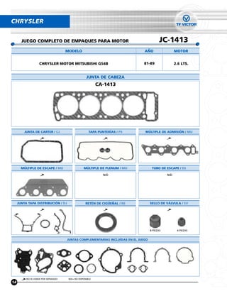 CHRYSLER


       JUEGO COMPLETO DE EMPAQUES PARA MOTOR                                               JC-1413
                                     MODELO                                    ANO                   MOTOR


                   CHRYSLER MOTOR MITSUBISHI G54B                              81-89                 2.6 LTS.


                                                    JUNTA DE CABEZA
                                                           CA-1413




         JUNTA DE CARTER / CJ                         TAPA PUNTERÍAS / PS      MÚLTIPLE DE ADMISIÓN / MU




       MÚLTIPLE DE ESCAPE / MU                    MÚLTIPLE DE PLENUM / MU            TUBO DE ESCAPE / ES

                                                              N/D                              N/D




     JUNTA TAPA DISTRIBUCIÓN / DJ                  RETÉN DE CIGUENAL / RE           SELLO DE VÁLVULA / SV




                                                                                    8 PIEZAS          4 PIEZAS


                                     JUNTAS COMPLEMENTARIAS INCLUÍDAS EN EL JUEGO




          NO SE VENDE POR SEPARADO    N/D= NO DISPONIBLE
14
 
