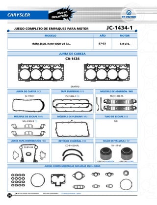 Nuevo
CHRYSLER                                       Desarroll
                                                         o


       JUEGO COMPLETO DE EMPAQUES PARA MOTOR                                                       JC-1434-1
                                      MODELO                                                ANO                 MOTOR


                          RAM 3500, RAM 4000 V8 CIL.                                       97-03                5.9 LTS.


                                                          JUNTA DE CABEZA
                                                                 CA-1434




                                                                        GRAFITO

         JUNTA DE CARTER / CJ                              TAPA PUNTERÍAS / PS              MÚLTIPLE DE ADMISION / MU

                  CJ-11434                                       PS-31434-1 (1)                       MU-41434-1A




       MULTIPLE DE ESCAPE / MU                       MULTIPLE DE PLENUM / MU                     TUBO DE ESCAPE / ES

               MU-41434-E (1)                                                                             N/D




     JUNTA TAPA DISTRIBUCION / DJ                         RETÉN DE CIGUENAL / RE               SELLO DE VALVULA / SV

                                                                 CO-91432-KPL                           SV-117-VT
                 DJ-81434




                                                                                          8 PIEZAS ADMISIÓN     8 PIEZAS ESCAPE

                                      JUNTAS COMPLEMENTARIAS INCLUÍDAS EN EL JUEGO




          NO SE VENDE POR SEPARADO   N/D= NO DISPONIBLE    (1) Venta Individual 1 pieza
30
 