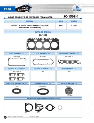 Nuevo
FORD                      Desarroll
                                    o


       JUEGO COMPLETO DE EMPAQUES PARA MOTOR                                           JC-1508-1
                                     MODELO                                    ANO                 MOTOR

            FORD 4 CIL. FIESTA (ÚNICAMENTE PARA AUTOS                          98-01               1.3 LTS.
                     CON CARTER DE ALUMINIO)

                                                  JUNTA DE CABEZA
                                                         CA-1508




         JUNTA DE CARTER / CJ                       TAPA PUNTERÍAS / PS        MÚLTIPLE DE ADMISIÓN / MU

                CJ-11508-1                                   PS-13508-1                  MU-41508-2A




       MÚLTIPLE DE ESCAPE / MU                  MÚLTIPLE DE PLENUM / MU              TUBO DE ESCAPE / ES

                MU-41508-1E                                      N/D                         N/D




     JUNTA TAPA DISTRIBUCIÓN / DJ                RETÉN DE CIGUENAL / RE             SELLO DE VÁLVULA / SV

                    N/D                                      RE-99095-VT                  SV-101-VT




                                                                                           8 PIEZAS

                                     JUNTAS COMPLEMENTARIAS INCLUÍDAS EN EL JUEGO




          NO SE VENDE POR SEPARADO      N/D= NO DISPONIBLE
32
 