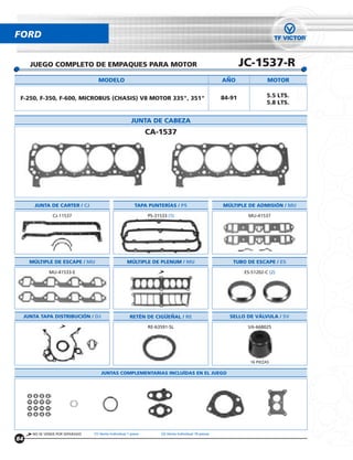 FORD


       JUEGO COMPLETO DE EMPAQUES PARA MOTOR                                                                     JC-1537-R
                                     MODELO                                                              ANO               MOTOR


 F-250, F-350, F-600, MICROBUS (CHASIS) V8 MOTOR 335", 351"                                              84-91             5.5 LTS.
                                                                                                                           5.8 LTS.


                                                          JUNTA DE CABEZA
                                                                  CA-1537




         JUNTA DE CARTER / CJ                               TAPA PUNTERÍAS / PS                          MÚLTIPLE DE ADMISIÓN / MU

                 CJ-11537                                         PS-31533 (1)                                    MU-41537




       MÚLTIPLE DE ESCAPE / MU                         MÚLTIPLE DE PLENUM / MU                              TUBO DE ESCAPE / ES

                MU-41533-E                                                                                       ES-51202-C (2)




     JUNTA TAPA DISTRIBUCIÓN / DJ                        RETÉN DE CIGUENAL / RE                            SELLO DE VÁLVULA / SV

                                                                  RE-63591-SL                                     VA-668025




                                                                                                                   16 PIEZAS

                                       JUNTAS COMPLEMENTARIAS INCLUÍDAS EN EL JUEGO




        NO SE VENDE POR SEPARADO   (1) Venta Individual 1 pieza         (2) Venta Individual 10 piezas
84
 