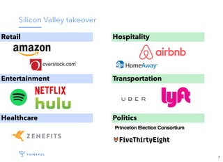 Silicon Valley takeover
Retail Hospitality
Transportation
Politics
Entertainment
Healthcare
7
 