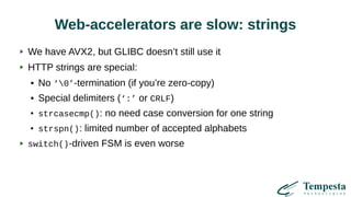 Web-accelerators are slow: strings
We have AVX2, but GLIBC doesn’t still use it
HTTP strings are special:
● No ‘0’-termination (if you’re zero-copy)
● Special delimiters (‘:’ or CRLF)
●
strcasecmp(): no need case conversion for one string
●
strspn(): limited number of accepted alphabets
switch()-driven FSM is even worse
 