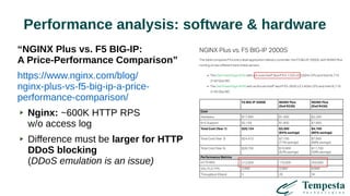 Performance analysis: software & hardware
“NGINX Plus vs. F5 BIG‑IP:
A Price‑Performance Comparison”
https://www.nginx.com/blog/
nginx-plus-vs-f5-big-ip-a-price-
performance-comparison/
Nginx: ~600K HTTP RPS
w/o access log
Difference must be larger for HTTP
DDoS blocking
(DDoS emulation is an issue)
 