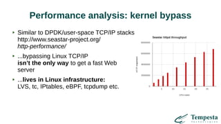 Performance analysis: kernel bypass
Similar to DPDK/user-space TCP/IP stacks
http://www.seastar-project.org/
http-performance/
...bypassing Linux TCP/IP
isn’t the only way to get a fast Web
server
...lives in Linux infrastructure:
LVS, tc, IPtables, eBPF, tcpdump etc.
 