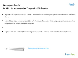 Lesmoyens d’accès
LaRTU:Recommandation Temporaire d’Utilisation
• DepuisMai2012 (décretn°2012-742), l’ANSMa lapossibilité d’encadrerdes prescriptions nonconformesà l’AMMsous
réserve:
• Besointhérapeutiquenon couvertc’est àdirequ’il n’existe pas d’alternative thérapeutiqueappropriéedisposant d’une
AMMoud’une ATUcdans l’indicationconcernée
et
• Rapportbénéficerisquedumédicamentsoit présuméfavorableà partir des donnéesd’efficacité etde tolérance.
Élaborationde RTU par l’ANSM
 