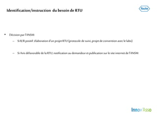 Identification/instruction du besoinde RTU
• Décisionpar l’ANSM
– SiB/R positif: élaboration d’unprojetRTU(protocole de suivi, projetde conventionavecle labo)
– SiAvisdéfavorable dela RTU,notification au demandeuretpublication sur lesite internetdel’ANSM
 