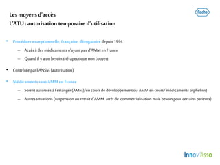 Lesmoyens d’accès
L’ATU :autorisation temporaire d’utilisation
• Procédure exceptionnelle, française, dérogatoire depuis 1994
– Accèsàdes médicaments n’ayantpas d’AMMenFrance
– Quandil yaun besoin thérapeutiquenon couvert
• Contrôléeparl’ANSM(autorisation)
• Médicamentssans AMM en France
– Soientautorisés àl’étranger(AMM)/en cours de développementou AMMencours/ médicaments orphelins)
– Autressituations (suspension ouretraitd’AMM, arrêt de commercialisation mais besoinpour certainspatients)
 