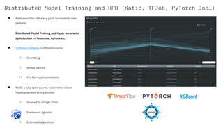 Distributed Model Training and HPO (Katib, TFJob, PyTorch Job…)
●  Addresses One of the key goals for model builder
persona:
Distributed Model Training and Hyper parameter
optimization for Tensorflow, PyTorch etc.
●  Common problems in HP optimization
○  Overfitting
○  Wrong metrics
○  Too few hyperparameters
●  Katib: a fully open source, Kubernetes-native
hyperparameter tuning service
○  Inspired by Google Vizier
○  Framework agnostic
○  Extensible algorithms
 