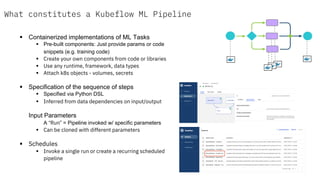 What constitutes a Kubeflow ML Pipeline
§  Containerized implementations of ML Tasks
§  Pre-built components: Just provide params or code
snippets (e.g. training code)
§  Create your own components from code or libraries
§  Use any runtime, framework, data types
§  Attach k8s objects - volumes, secrets
§  Specification of the sequence of steps
§  Specified via Python DSL
§  Inferred from data dependencies on input/output
§  Input Parameters
§  A “Run” = Pipeline invoked w/ specific parameters
§  Can be cloned with different parameters
§  Schedules
§  Invoke a single run or create a recurring scheduled
pipeline
 